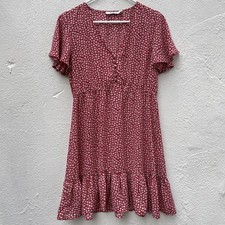 Na- KD Sun Dress Womens Large 40” Red Ditzy Floral Short Ruffle  Boho Cottage