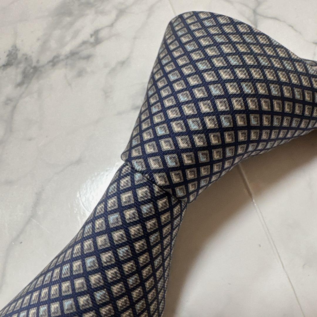 Hermes Necktie Navy Gray Square Pattern Near Used… - image 2