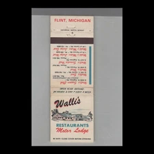 Matchbook Cover Walli's Restaurant & Motor Lodge Flint, MI