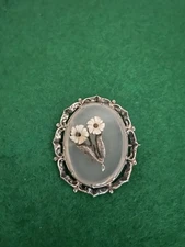 Antique Victorian  Silver Chalcedony Forget Me Not Flower Brooch