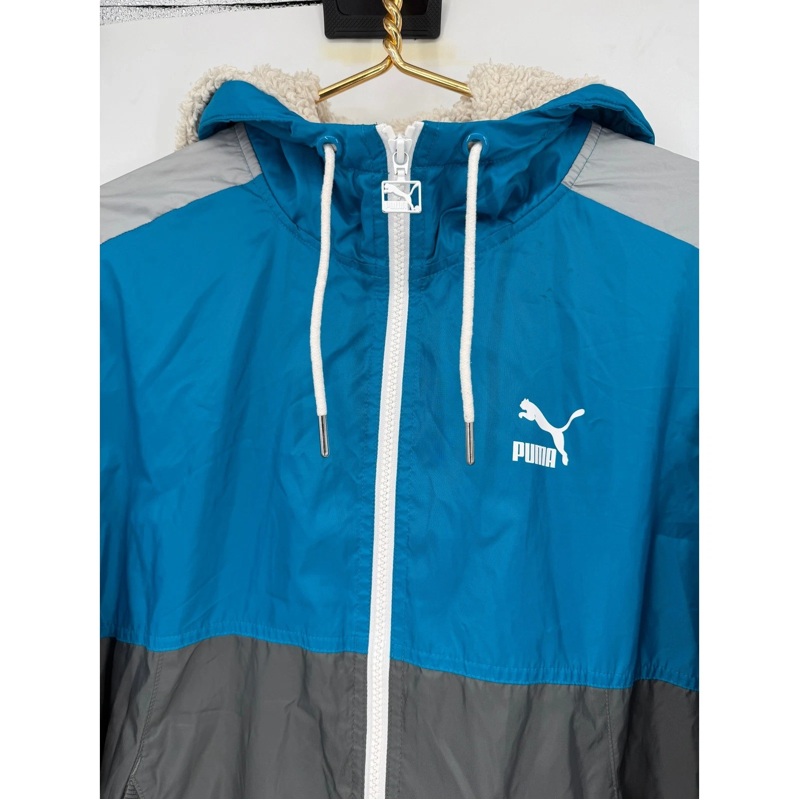 Puma Mens Sportlifestyle Colorblock Sherpa Hooded Windbreaker Jacket Blue Grey S image 3