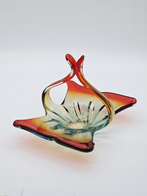 Vtg Mcm Murano Italy Mouth Blown  Red Blue Flame Point Glass Butterfly Basket 