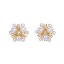Women Gold Plated CZ Crystal Pearl Cluster Bouquet Round Ball Stud Earrings PE32