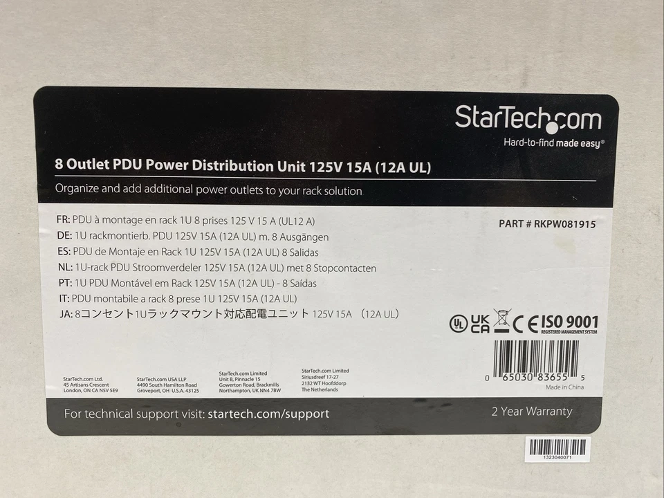StarTech Power Distribution Unit 125V RKPW081915 19in 1U Rackmount 8 Outlet PDU - Image 2 of 3