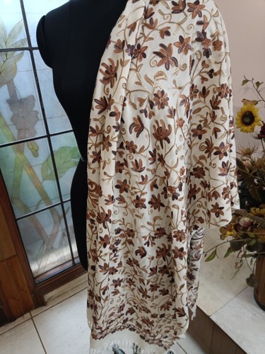 KASHMIRI CREWEL EMBROIDERED SHAWL 100% CASHMERE OFF-WHITE PASHMINA SCARF 30x76in - Picture 6 of 6