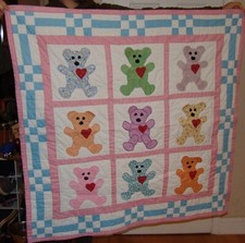 Teddy Bear Baby Quilt Handmade Homemade Pink Blue White Checked Infant 44" x 43"