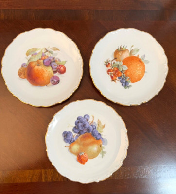 Schumann Arzberg Germany Set of 3 Dessert Plates Fruit With Gold Trim 7.5'' Vtg
