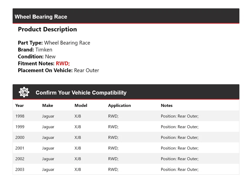 Подшипник колеса гоночный задний наружный для Jaguar XJ8 RWD 1998-2003 годов выпуска Timken 1999 2000 2001 годов выпуска - Изображение 2 из 4