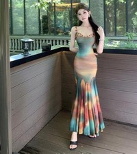 Women's 2024 Sexy Grace Floral Slim Fit Sling Ruffles Square Collar Long Dress 