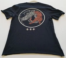 T&B T Shirt Men's Small Black Orange Tiger Waves Floral Short Sleeve Raw Hem DIY