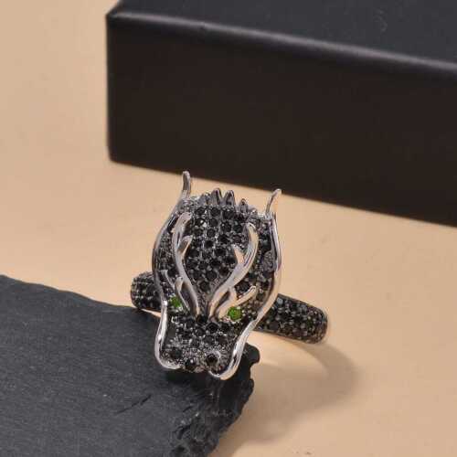 1.20ctw Black Spinel & Chrome Diopside Dragon Head Ring Rhodium Plated Size 7 - Picture 2 of 6
