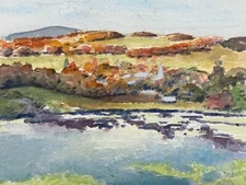 Vintage Unknown Artist Landscape Trees River Watercolor Painting on Paper