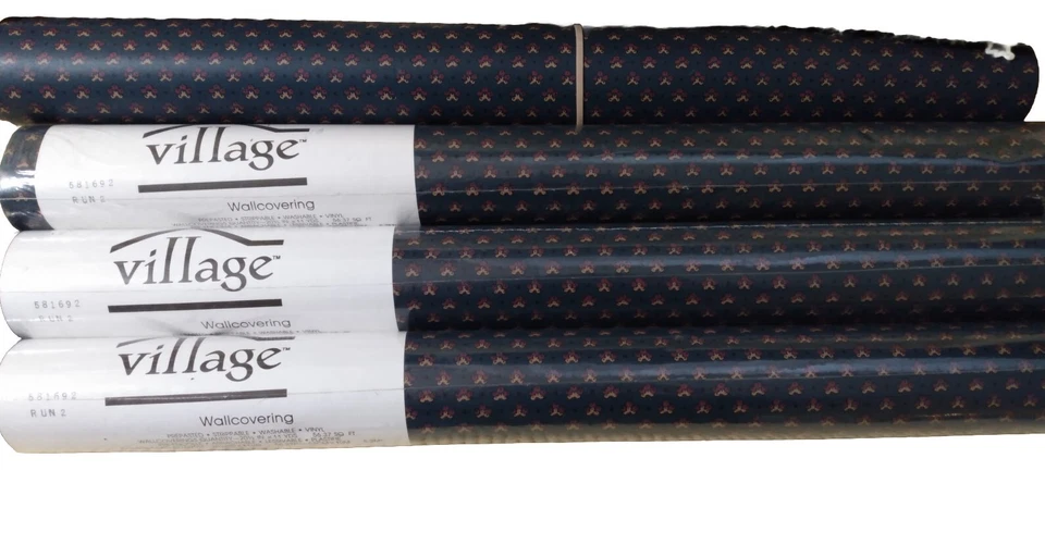 Lote de 4 rollos de papel tapiz vintage Village azul oscuro impreso #581692 vinilo prepegado Foto 2 de 4