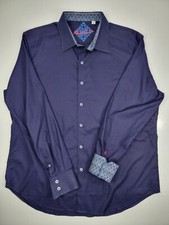Robert Graham Damask Pattern Navy Blue Flip Cuff Classic Fit Shirt Men's Size XL