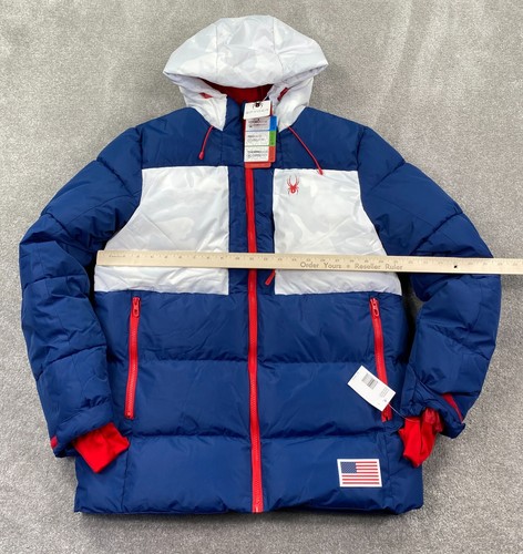 Spyder 2022 USA Ski Team Puffer Hooded Jacket Men's Size S Blue White OMSP3221 - Picture 8 of 9