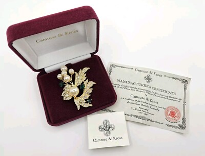 Camrose & Kross Jacqueline Kennedy Pin Brooch Faux Emerald, Pearl & Crystals 