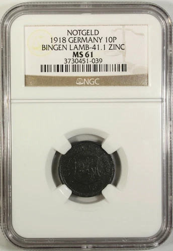 Germany 10 Pfennig 1918 NGC MS 61 UNC Zinc Bingen Lamb-41.1 Notgeld