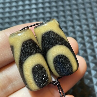 2pcs Antique Magic Power Old Tibetan Agate *Mountain 1 Eye* Broken Dzi Beads