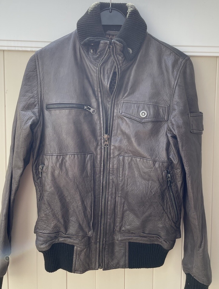 XDYE Men's Dark Brown Leather Jacket Size S, 36 Mexico Zip Biker