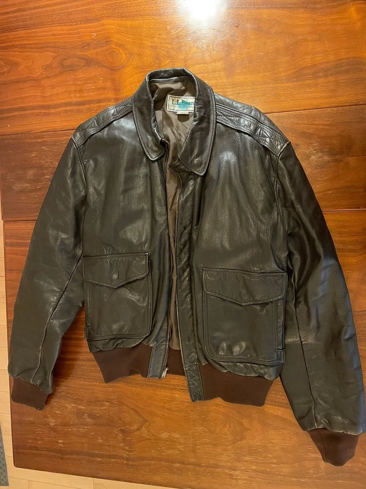 VTG LL Bean Men's BROWN LEATHER Bomber Jacket Brown Sz 40 M Flight Coat RARE HIP - Image 2 of 4