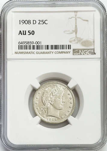 1908 D SILVER UNITED STATES BARBER QUARTER 25C COIN NGC ABOUT UNC 50