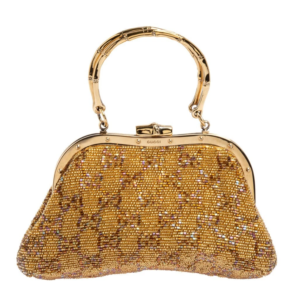 Gucci Gold Metallic GG Monogram Beaded Bag Handbag with Bamboo Handles