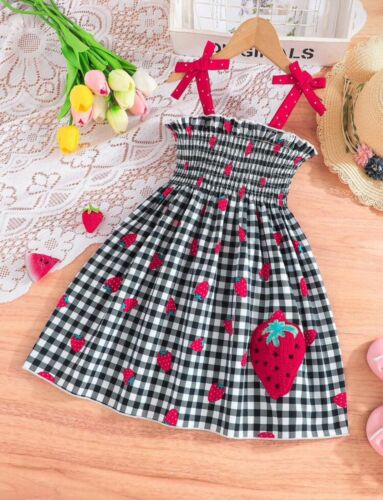Kids Toddler Summer Cool Outwear Plaid Strawberry Print Sling Dress