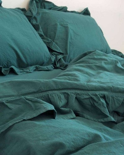 Dark Green Ruffle Cotton Duvet Cover With Matching Pillowcases Handmade Duvet - Picture 3 of 5