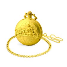Classique Taschenuhr Stahl Motorrad Bike Globus Globetrotter Gold Farben m Kette