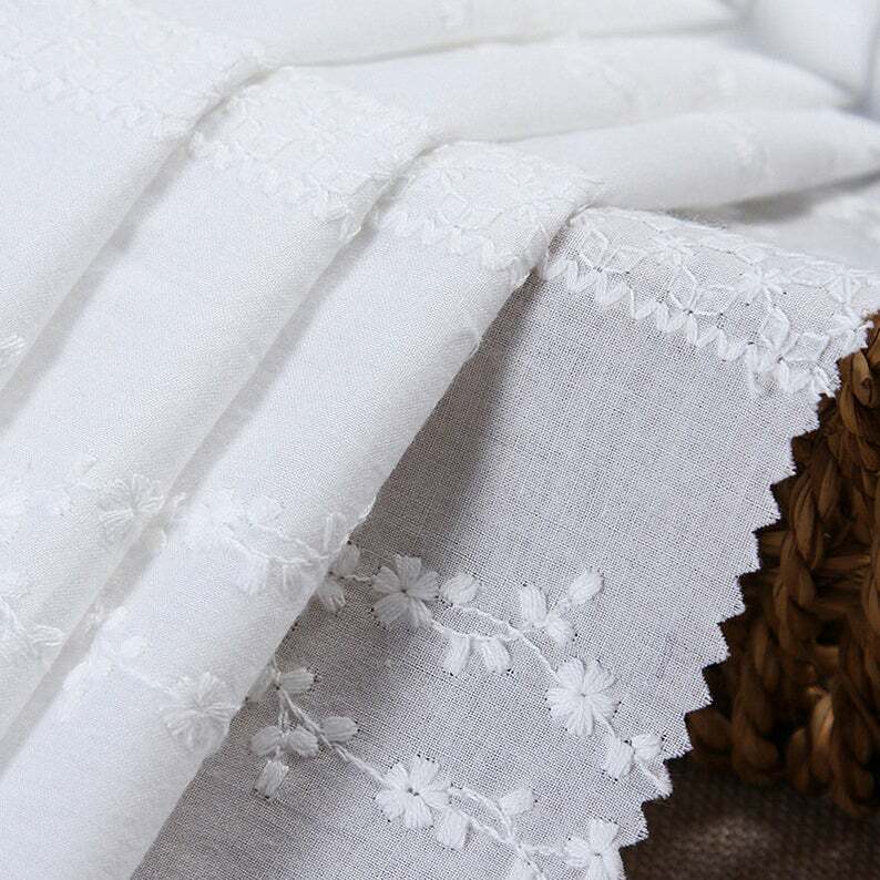 1 Yard Cotton Fabric Vintage Embroidery floral White Cotton