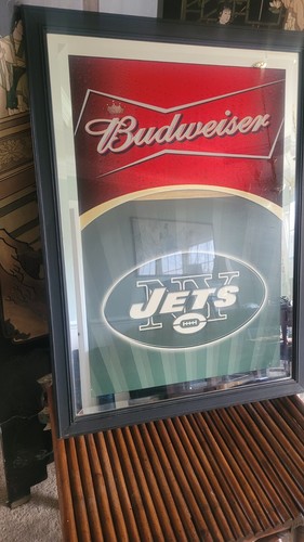 Budweiser NFL NEW YORK JETS Bar Bevel Mirror Game Time 2002 Vintage 30,5"X 22,5"