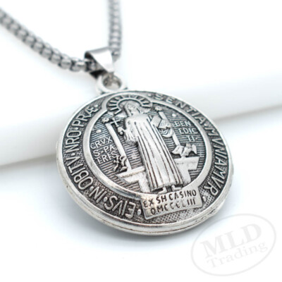 3D Saint St Benedict Medal Thick Pendant Necklace w 24'' Box Chain Silver Tone