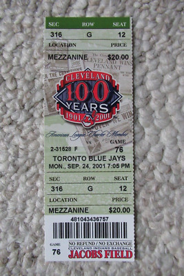 INDIANS VS BLUE JAYS 9/24/2001 FULL TICKET ~ MONDESI/ALOMAR/CABRERA HRs