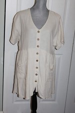 By Together Cream Cotton Gauze Button Down Dress, Short Sleeve, Pockets, Size L