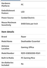 Razer Deathadder Essential Mercury White Wired USB Gaming Mouse 6400 DPI 8