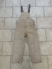 VTG Carhartt Duck Bib Beige Overalls Double Knee Made in USA 36x28 Distressed
