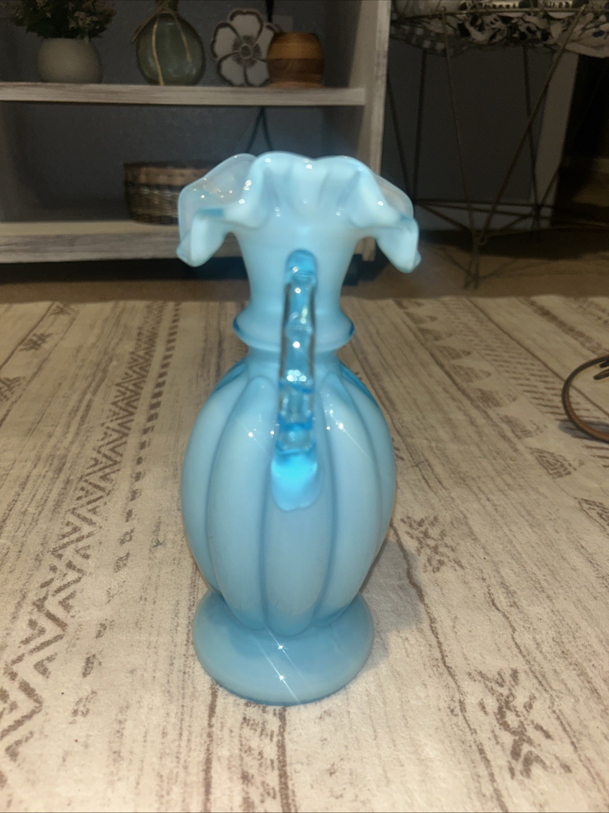 Fenton Light Blue Overlay Melon Ruffled Edge Pitcher Vase With Handle
