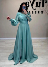 Damen Abendkleid lang Türkis Langarm Rundhal...