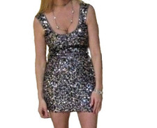 GUESS SEXY Silver & Black Sequin Sparkle Scoop Neck Dress  w/V-Neck Back  2 NWOT