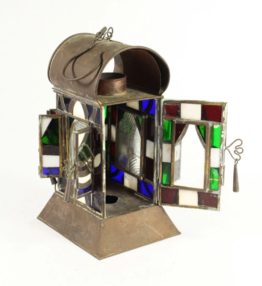 Antigua lámpara vela con cierre Arts-N-Crafts linterna vitral NEOGÓTICA Foto 3 de 4