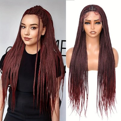28''Women's Full Lace Burgundy Box Braids WigStraight Hair Box Braids