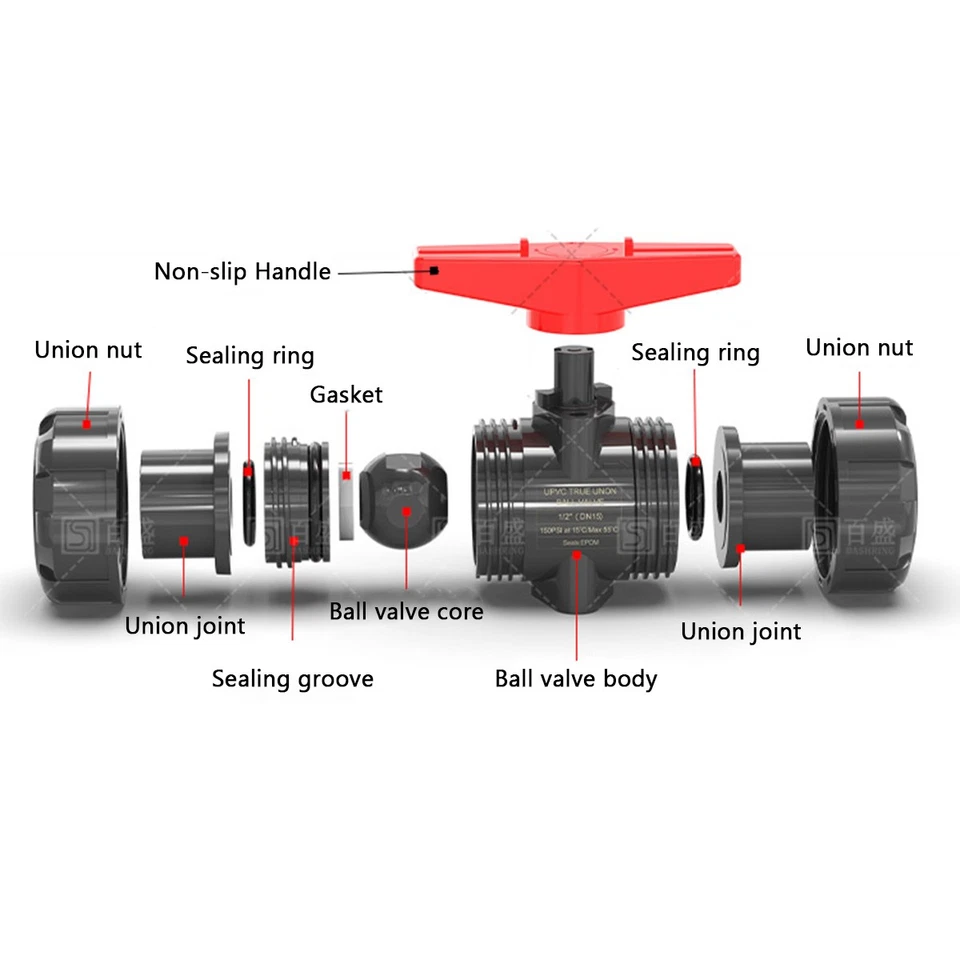 PVC Kugelhahn Muffe Klebe Fitting Pool Doppelanschluss Absperrhahn 20mm-110mm - Bild 3 von 4