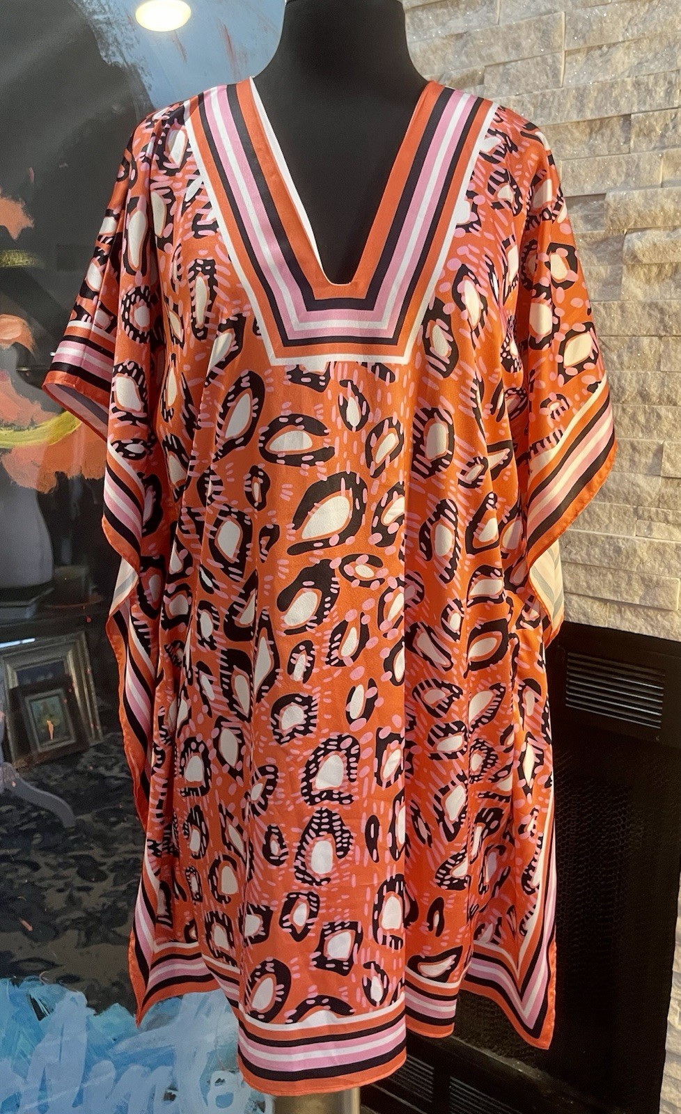 Orange Graphic Pattern Tunic Bat Wing Kimono Dres… - image 1