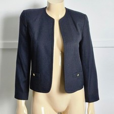 Talbots Petites VTG Navy Blue Wool Open Front Cropped Blazer Gold Buttons Sz 4P