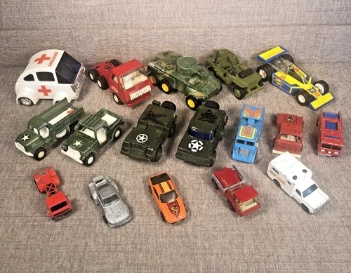 Vintage 1970-80's Lot 17 Toy Die Cast Vehicles-Army Trucks Ambulance Race Car +