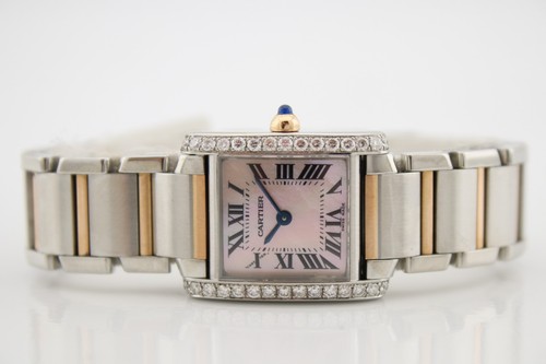 Cartier Tank Française Small Pink MOP Dial Diamond Encrusted 25mm Watch W51027Q4