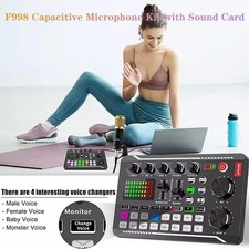 Podcast Microphone Suit w/Sound Card Audio Mixer Condenser Mic DJ Mixer Black
