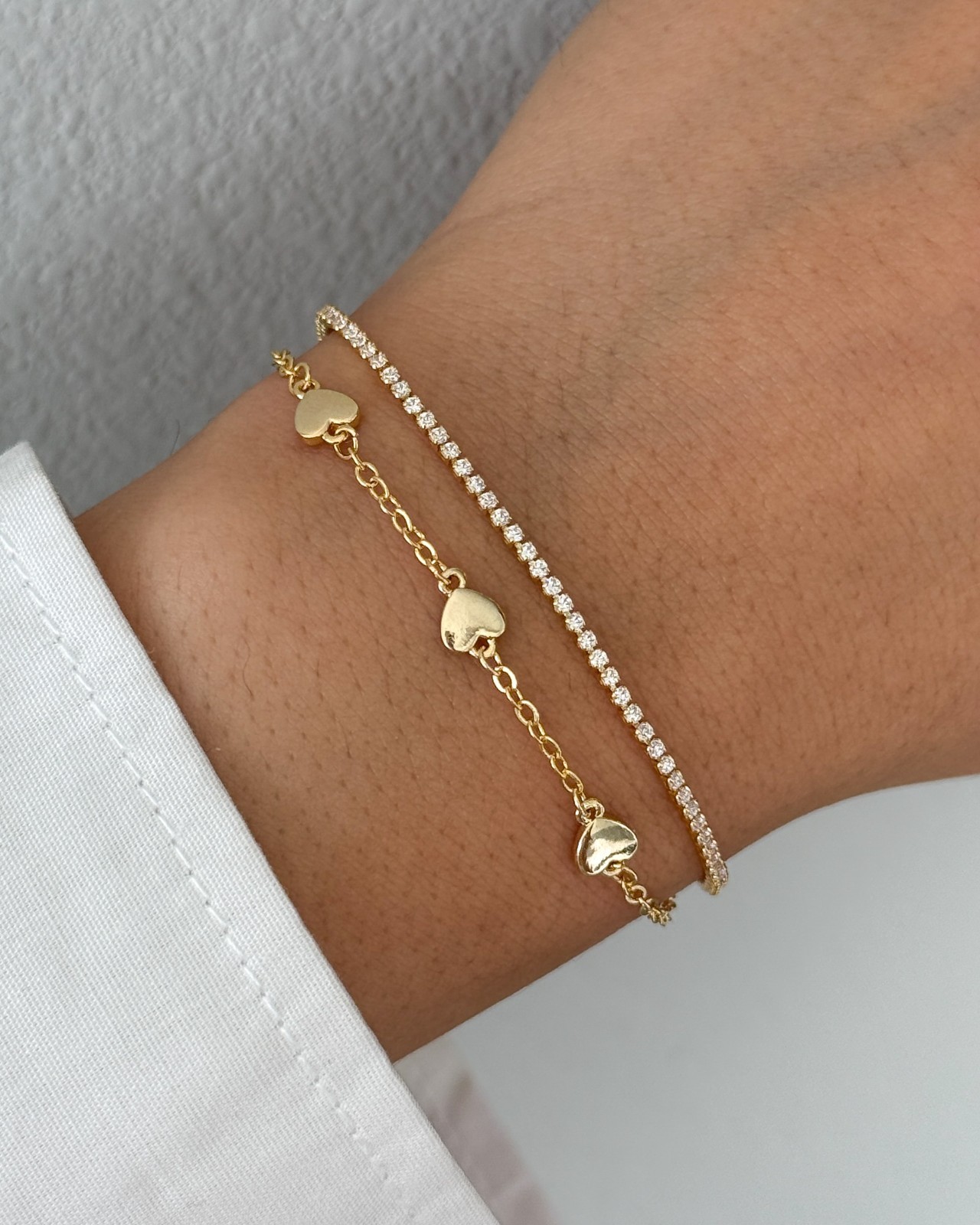 Gold Plated Heart & CZ Tennis Bracelet: Adjustable Stainless Steel Charm