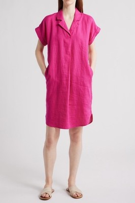 Eileen Fisher Fuschia Organic Linen Notch Collar Dress Size Large $248