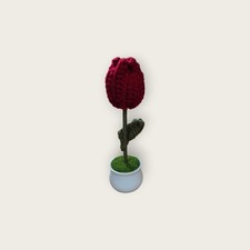 Pretty Potted Red Crochet Tulip Flower Home Dorm Room Decor 